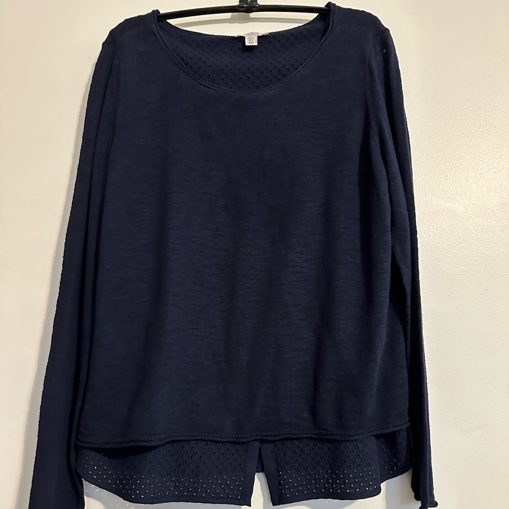 Lila Rose Navy Long Sleeve Jersey Cotton Knit W/ Eyelet Two-Layer Look Top, Sz L